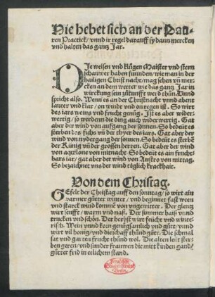 Hie hebt sich an der Pauren Practick/ unnd ir regel darauff sy dann mercken und halten das gantz Jar.