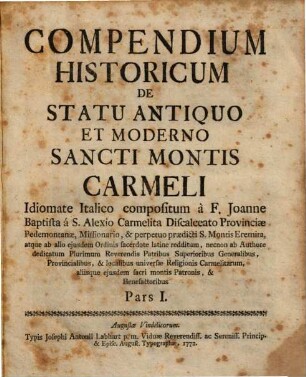 Compendium Historicum De Statu Antiquo Et Moderno Sancti Montis Carmeli, 1[/2]