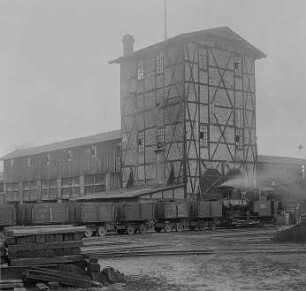 Grubenzug mit Braunkohle, vor dem Förderschacht : Technikgeschichte | Technologie | Gewinnung und Verarbeitung von Braunkohle | Brikett-Fabrikation | Pfännerschaft Halle (Saale)