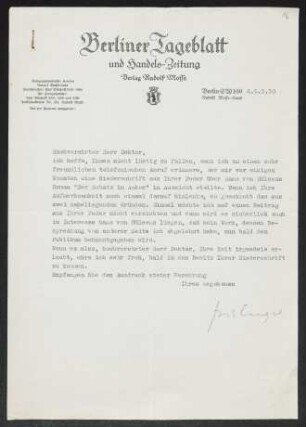 Brief von Fritz Engel von Berliner Tageblatt  an Gerhart Hauptmann