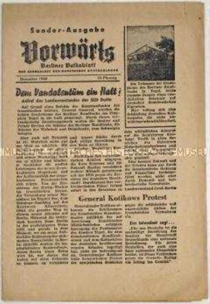 Sonderausgabe des "Vorwärts" als Organ der Berliner SED u.a. zur Sprengung der Sendemasten des Senders Tegel