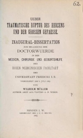 Über traumatische Ruptur des Herzens und der grossen Gefässe : Inaug.-Diss. der Univ. Freiburg