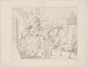 Zu Bürgers "Leonore", Blatt 4: Der gespenstische Wilhelm holt Leonore mit dem Pferd an der Haustür ab