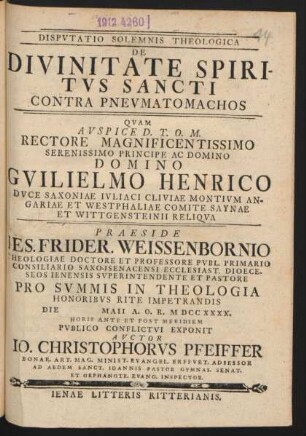Disputatio Solemnis Theologica De Divinitate Spiritus Sancti Contra Pneumatomachos