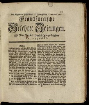 Num. XI. Freytags den 5. Februarii. 1751 - Num. XX. Dienstags den 9. Mart. 1751