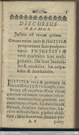 Discursus Primus. Iustitia est verum optima