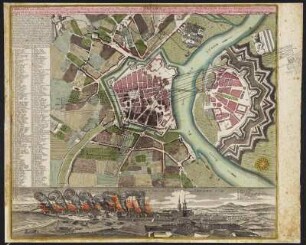 Dresda ad Albim, ... Dresden an der Elb, eine Haupt-Stadt des Oberrn Sachsen, 1:6 000, Kupferstich, 1760 : Dresda ad Albim, Saxoniae superioris metropolis, ac magnifica ducis electoris et regis Poloniae sedes : Cum Gratia et Privil. S. R. I. Vicariatus in part. Rheni, Sueviae et Iuris Franconici = Dresden an der Elb, eine Haupt-Stadt des Obern Sachsen u. höchst vortreffliche Residentz des dasigen Churfürsten u. Konigs in Pohlen / opera et sumptibus Matth. Seutteri. - [ca. 1: 6 000]. - Augspurg : Ioh. Michael Probst , [ab 1760]. - 1 Kt. : Kupferstich ; Blattgr. 56 x 49 cm +++ Mit handschriftl. Nachträgen zur Beschießung 1760. - Mit Gebäude- und Straßenverz., Erl. zur Stadtgeschichte und und einer Ansicht. - Text lat. und dt. - NO oben