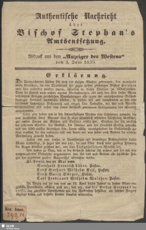 Authentische Nachricht über Bischof Stephan's Amtsentsetzung