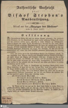 Authentische Nachricht über Bischof Stephan's Amtsentsetzung