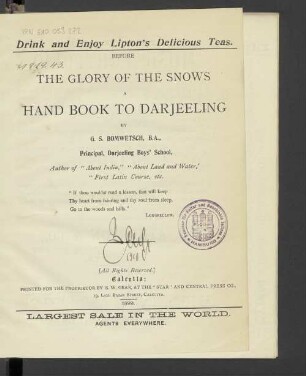 Before the glory of the Snows : A hand book to Darjeeling