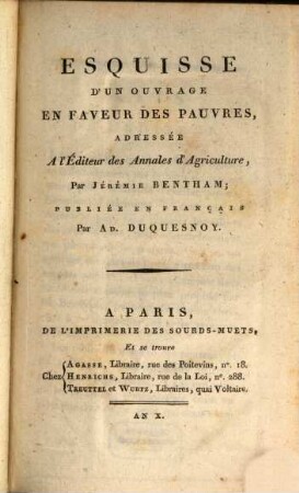 Esquisse d'un ouvrage en faveur des pauvres : adressée à l'editeur des Annales d'Agriculture
