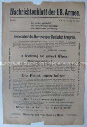 Nachrichtenblatt der 18. Armee zur Übernahme des Oberbefehls durch Kronprinz Wilhelm