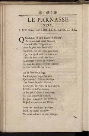 Le Parnasse. Ode. A Monseigneur Le Chancelier. / Ode. Der Parnaß.