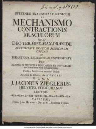Specimen Inaugurale Medicum De Mechanismo Contractionis Musculorum