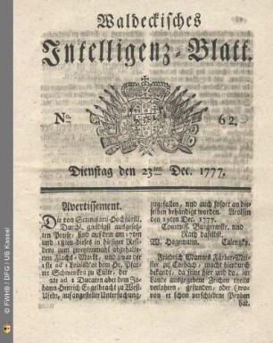 No. 62. Dienstag den 23ten Dec. 1777