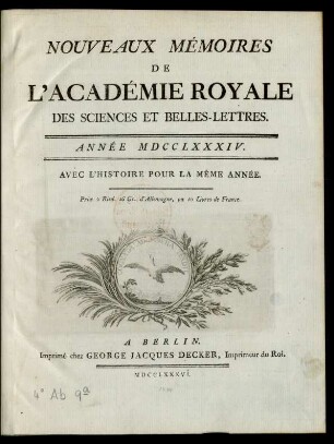 1784: Nouveaux mémoires de l'Académie Royale des Sciences et Belles-Lettres année MDCCLXXXIV