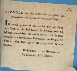 Formule van den Eed der provisionele Representanten van 'tVolk der vrye Stad Gend
