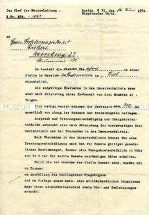 Schreiben der Marineleitung an den Oberleutnant zur See Hans Rickert mit der Zusage der Aufnahme in die Kriegsmarine