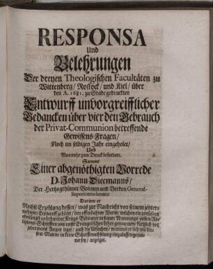 Responsa Und Belehrungen Der dreyen Theologischen Facultäten...