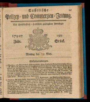 19tes Stück, Montag den 7ten May. 1792