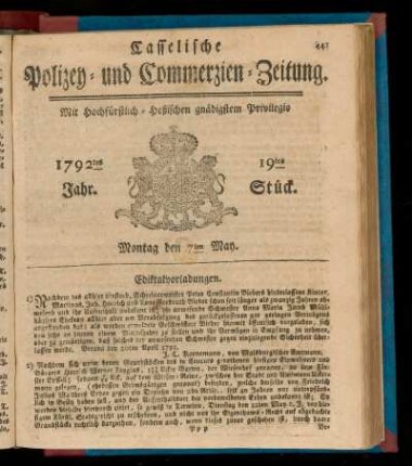 19tes Stück, Montag den 7ten May. 1792
