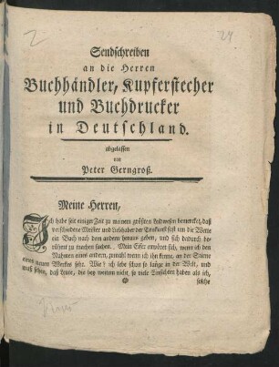 Sendschreiben an die Herren Buchhändler, Kupferstecher und Buchdrucker in Deutschland