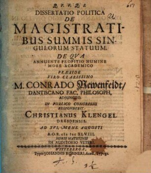 Dissertatio politica de magistratibus summis singulorum statuum