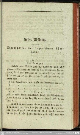 Erster Abschnitt. Eigenschaften der Logarithmen überhaupt