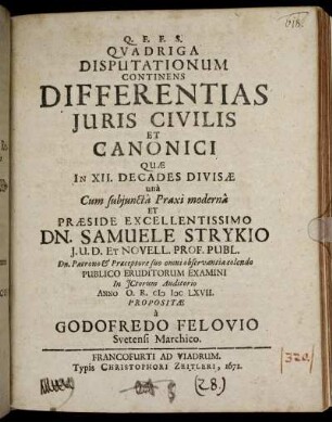 Quadriga Disputationum Continens Differentias Iuris Civilis Et Canonici