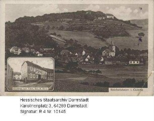 Reichelsheim im Odenwald, Panorama / unten lins in Medaillon: Ansicht des Gasthauses 'Zum Adler' (Inhaber A. Würz)
