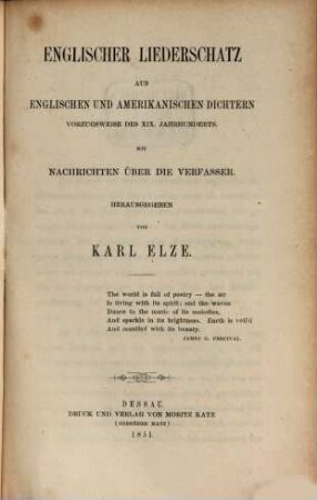 Englischer Liederschatz : aus englischen und amerikanischen Dichtern, vorzugsweise des XIX. Jahrhunderts ; mit Nachrichten über die Verfasser