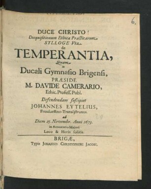 Disquisitionum Ethicae Practicarum Sylloge Vta. de Temperantia