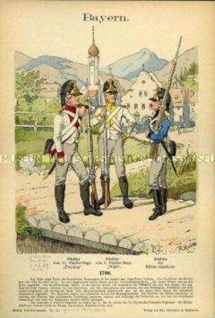 Uniformdarstellung, Füsiliere und Zögling der Militär-Akademie, Kurfürstentum Bayern, 1790.