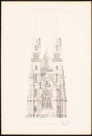 Katholische Pfarrkirche: Ansicht Ostseite (aus: C. Schäfer, Die Bauhütte, Entwürfe im Stile des Mittelalters, 3. Bd., 1895, Blatt 34)