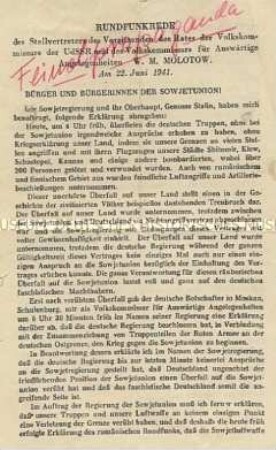 Sowjetisches Abwurf-Flugblatt mit dem Wortlaut der Rundfunkrede von Außenminister Molotow nach dem Überfall auf die Sowjetunion