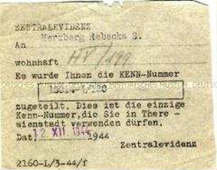 Bescheinigung über die Zuweisung einer Kenn-Nummer für das KZ Theresienstadt