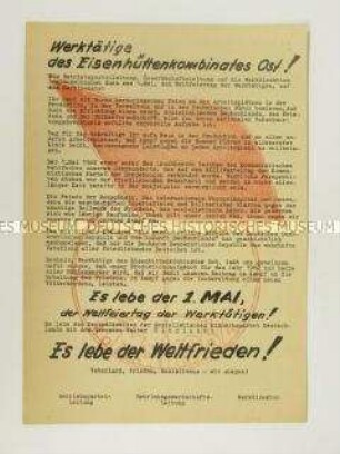 Hektografiertes Propagandaflugblatt der Betriebswirtschaftsleitung Eisenhüttenstadt zum 1. Mai 1962