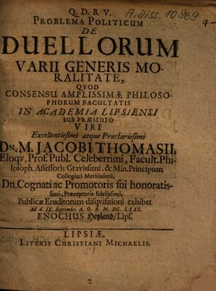 Problema politicum de duellorum varii generis moralitate
