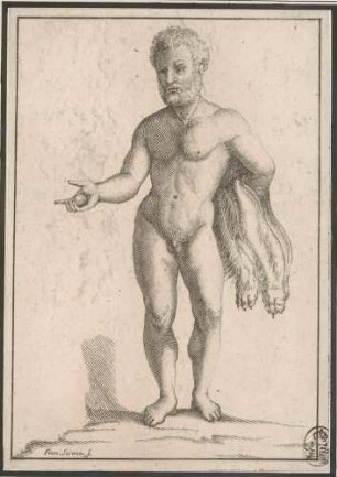 Statuette des Herkules mit Kugel und Löwenfell, Abb. 29 aus: Disegni intagliati in rame di pitture antiche ritrovate nelle scavazioni di Resina, Neapel 1746