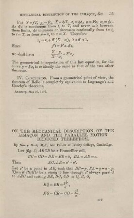 On the mechanical description of the Limacon and the parallel motion deduced therefrom.