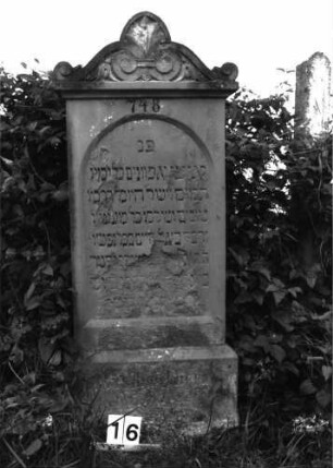 Grabstein 16 (Index: 99891840) Material: Sandstein Zustand: Name und Jahreszahlen völlig zerstört Maße HxBxT: 158x58x15 cm Beschreibung: rechteckige Stele mit Mittelakroter Symbolik: Palmette als Mittelakroter: Grabstein 16