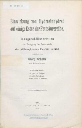 Einwirkung von Hydrazinhydrat auf einige Ester der Fettsäurereihe