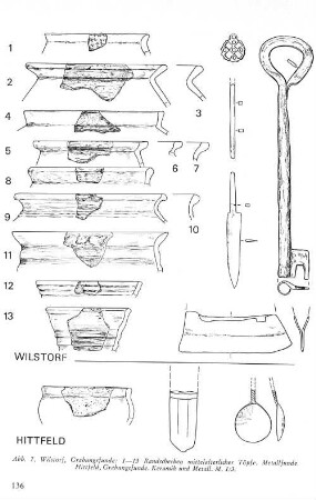 Abb. 7. Wilstorf, Grabungsfunde: 1-13 Randscherben mittelalterlicher Töpfe. Metallfunde. Hittfeld, Grabungsfunde. Keramik und Metall. M. 1: 3.