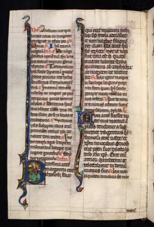 Historisierte Initiale: Be(eatissima autem margareta): die heilige Margarete entkommt aus dem Bauch des Drachen