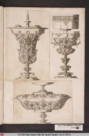 Deckelpokal mit ornamentalen Verzierungen, Grotesken, Arabesken, Schnecken, Satyrn und Muscheln.