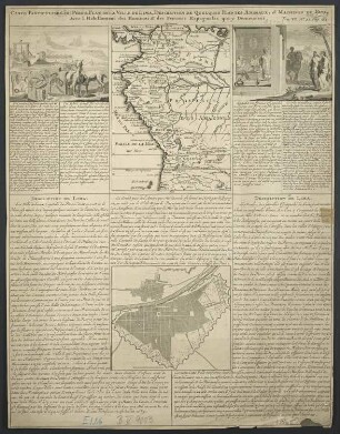 Carte Particuliere Du Perou, Plan De La Ville De Lima, Description De Quelques Plantes, Animaux, & Machines Du Pays : l'Habillement des Hommes & des Femmes Espagnoles qui y Demeurent
