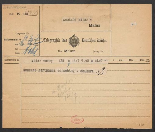 Brief an B. Schott's Söhne : 14.07.1917