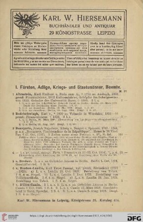 I. Fürsten, Adlige, Kriegs- und Staatsmänner, Beamte (Nr.1-50)