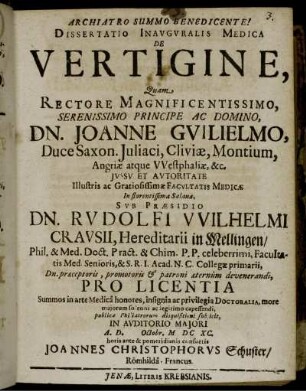 Dissertatio Inauguralis Medica De Vertigine