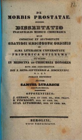 De morbis prostatae : Diss. inaug. med. chir.